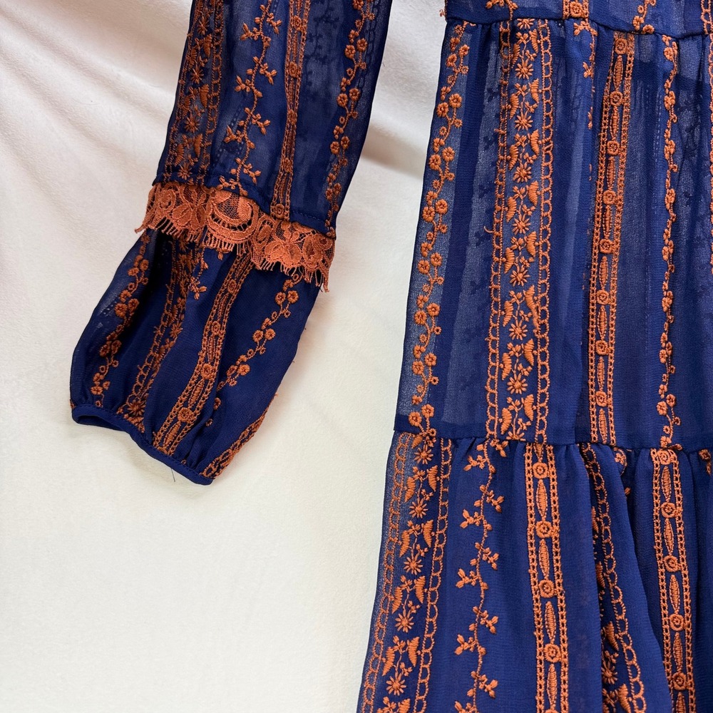 BCBGMAXAZRIA Navy Blue Orange Embroidered Lace Trim Maxi Dress Long Sleeve XXS - Picture 16 of 16